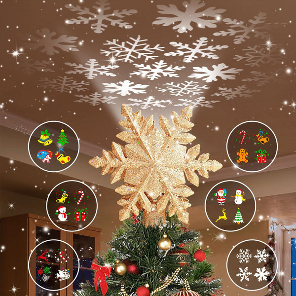 Christmas Tree Topper Lighted with Golden Snowflake Projector, Led Rotating Magic Snowflake, 3D Hollow Glitter Lighted Gold Snow Tree Topper for Christmas Tree Decorations